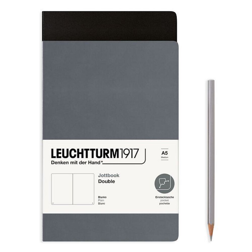 Leuchtturm, Grey, Journal, Art & School, A5, Plain, Jottbook Double, Light Grey & Black, 724290